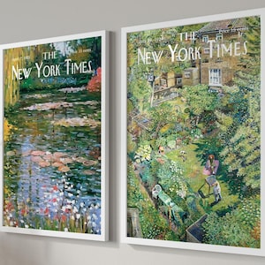 Set di 2 poster del New York Times, stampe murali retrò alla moda del New York Times, stampe verdi del New York Times, copertina vintage della rivista del New York Times