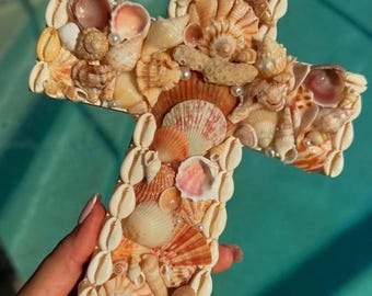 Handmade Coastal Shell Hanging Wall Cross – Coastal & Beach Home Décor