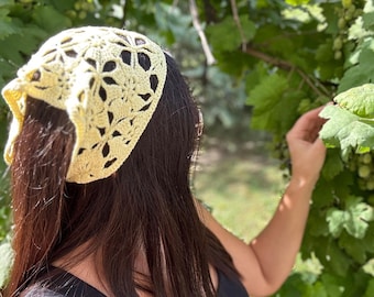 Crochet Lace Headscarf, Handmade Cotton Kerchief, Boho Bandana, Waist scarf