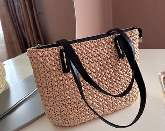 Handmade Raffia Crochet Shoulder Bag with Leather Handles