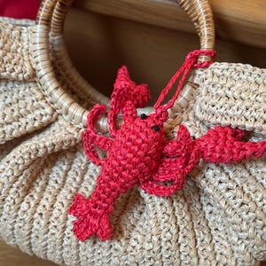 Pode incluir: Uma bolsa tote de crochê bege com uma alça tecida. Um amuleto de lagosta de crochê vermelho pendura na bolsa.