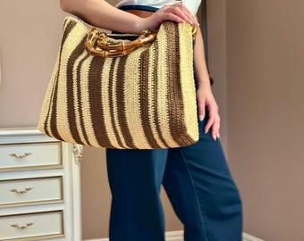 Large Raffia Crochet Shopper Tote Bag with Bamboo Handles