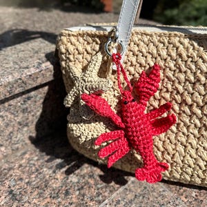 May include: A woven raffia handbag with a white leather strap and a red lobster charm. The bag is beige and has a zipper closure. The lobster charm is made of woven red material.