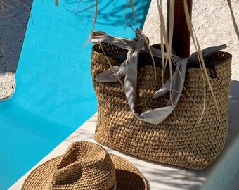 Crochet Raffia Beach Bag: Large Linen-Lined Tote