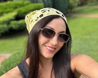 Pañuelo de crochet hecho a mano, bandana de encaje bohemio para mujer