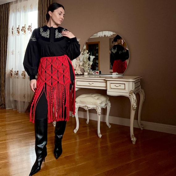 Ukrainian Ethno Macrame Skirt – Handmade Cotton Cord Fringe Belt Skirt for Vyshyvanka Outfits
