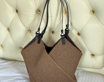 Large Raffia Crochet Bag, Square Beach Bag