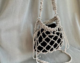 Handmade Rhinestone Macrame Evening Bag: Crystal Knot, Velvet Pouch