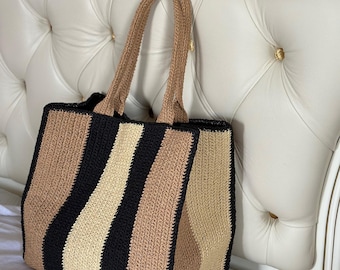 Striped Raffia Tote Bag, Weekender Bag