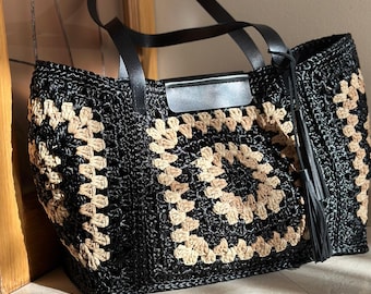 Shopping Bag in natural raffia, Grandma Square Raffia Bag, Crochet Raffia Tote
