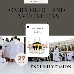 Puede incluir: Una guía ilustrada para realizar la Umrah, una peregrinación a La Meca. La guía está en inglés e incluye 27 hojas de información. La imagen muestra a un grupo de personas realizando la Umrah, con la Kaaba en el fondo.