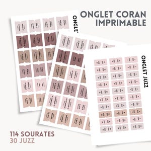 Puede incluir: Hojas de pestañas del Corán imprimibles en varios tonos de rosa y marrón. Las pestañas están etiquetadas con texto y números árabes. El texto "ONGLET CORAN IMPRIMABLE" está en la parte superior y "114 SOURATES 30 JUZZ" en la parte inferior.