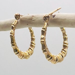 14K Yellow Gold Bamboo Hoop Vintage Pierced Earrings
