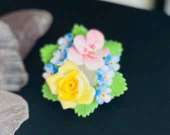 Vintage Signed Denton China, Made in England, Yellow, Pink, Blue, and Green Porcelain Floral Brooch Pin