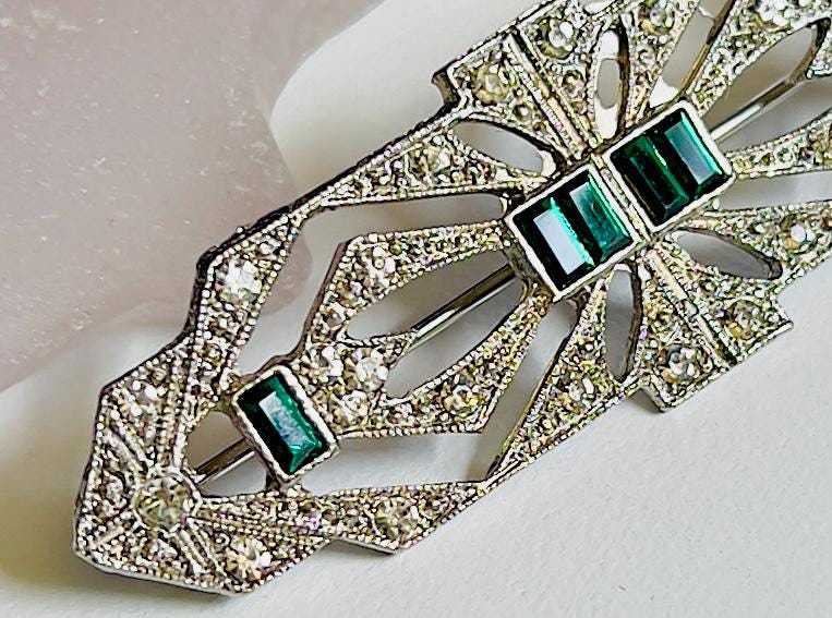 Silver Tone Art Deco Brooch Pin with Diamantes and Faux Emerald Stones