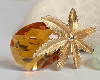 Pineapple Brooch Amber Glass Vintage Gold Tone Pin