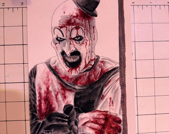 Sztuka klauna z okularami w kształcie kwiatów z Terrifier 2 - 5 1/2” x 8 1/2” Oryginalna akwarela