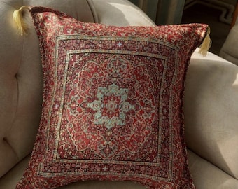 Burgundy Ottoman Cushion Cover: Gold Pattern, Tassel Detail.