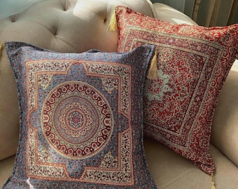 Gold Detailed Arabic Cushion Cover: Elegant Red and Blue Sofa Pillow- burgundy pillow case.
