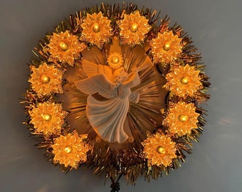Vintage Lighted Angel Tree Topper | Universal Lites, Trumpet Angel, Gold Tinsel, Original Box