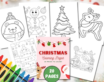 May include: A set of 20 printable Christmas coloring pages featuring illustrations of a gingerbread man, a Christmas tree, a reindeer, a bear wearing a scarf, and Santa Claus. The pages are black and white and ready to be colored.