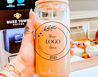 Custom Glass Iced Coffee Cup | Corporate Bulk Gift Idea | Small Business Owner Gift | Your Logo Here Glass Cup | Business Marketing Gift