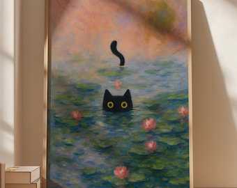 Monet Waterlily Cat Print | Claude Monet Cat Poster | Monet Poster | Cat Lover Gift | Vintage Cat Art | Framed Wall Decor | Black Cat Decor