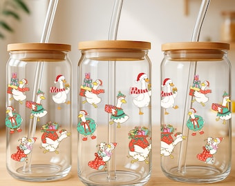 Silly Goose Christmas Glass Tumbler | Frosted Glass Coffee Cup Lid and Straw | Gift for Friend | Christmas Glassware Christmas Gift for Her
