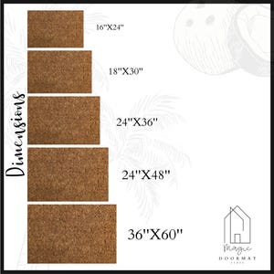 May include: A set of five brown coir doormats in different sizes, with dimensions listed in inches. The mats are arranged in a stack from smallest to largest. The text "Magic Doormat" is visible in the bottom right corner.
