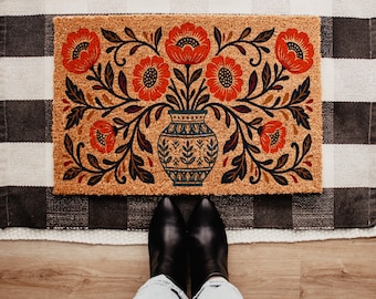 Boho Floral Doormat, Scandinavian Folk Art Door Mat, Vase Flower Welcome Mat, Cottagecore Entry Rug, Coir Front Porch Decor