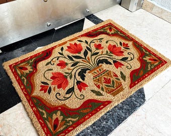 Scandinavian Folk Art Doormat, Red Floral Coir Door Mat, Nordic Botanical Welcome Mat, Cottagecore Porch Decor, Housewarming Gift