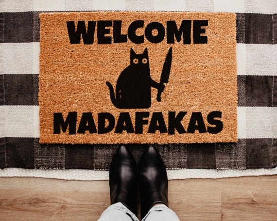 Doormat Welcome Madafakas Mufka Black Cat Knife Cats | Funny Cat