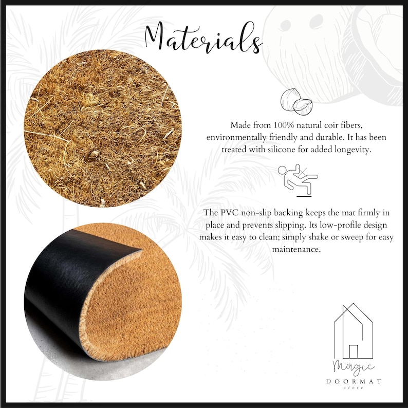 May include: Image showing the materials used in a doormat. The top shows a close-up of the natural coir fibers. The bottom shows the PVC non-slip backing. Text reads "Materials" and describes the materials.