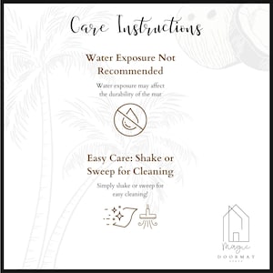 May include: A white background with text that reads "Care Instructions." The text advises against water exposure and recommends shaking or sweeping for cleaning. The Magic Doormat Store logo is in the bottom right corner.