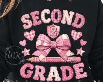 Second Grade PNG | Coquette Second Grade Bow Sublimation Design | Pink Patchwork Back to School Digital Download