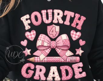 Fourth Grade PNG | Flirty 4th Grade Bow Sublimation Design | Pink Patchwork School Digital Download | Back to School PNG
