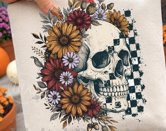 Floral Skull PNG | Checkered Skull Sublimation | Gothic Floral Digital Download | Boho Skull Clipart