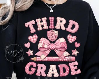 Third Grade PNG | Coquette Third Grade Bow Sublimation Design | Pink Patchwork Back to School Digital Download