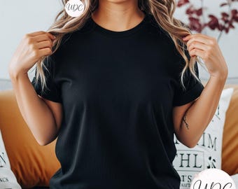 Black T-Shirt Mockup PNG JPG, Gildan 5000 Unisex Tee Mockup, Female Model T-Shirt Template, Fall Autumn Apparel Photo, Digital Download
