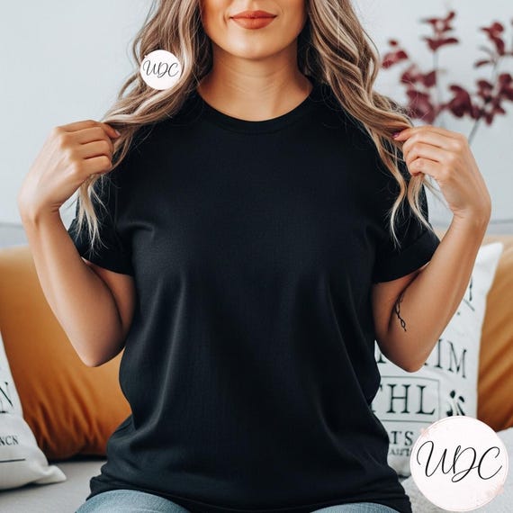 Black T-Shirt Mockup PNG JPG, Gildan 5000 Unisex Tee Mockup, Female Model T-Shirt Template, Fall Autumn Apparel Photo, Digital Download