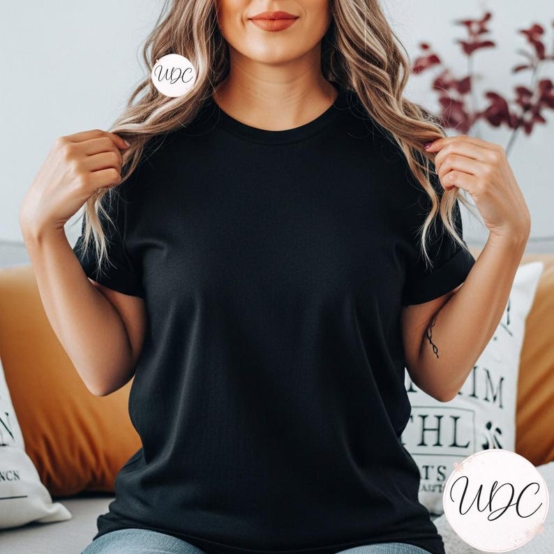 Black T-Shirt Mockup PNG JPG, Gildan 5000 Unisex Tee Mockup, Female Model T-Shirt Template, Fall Autumn Apparel Photo, Digital Download image 1