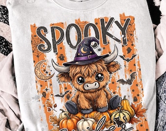 Spooky Vibes PNG | Highland Cow Halloween Sublimation | Cute Fall Cow Digital Download | Pumpkin Cow PNG