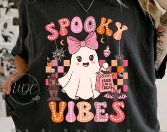 Spooky Vibes PNG | Cute Halloween Ghost Sublimation Design | Pink Halloween PNG | Spooky Season Digital Download | Shirt Design