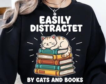 Easily Distracted By Cats And Books PNG | Funny Book Lover Shirt Design | Cat Reading Graphic | Sublimation File | Digital Download