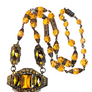 Czech Topaz Faceted Glass & Ornate Brass Necklace, c1920s