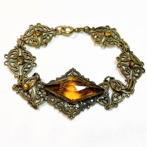 c1920/30s Ornate Link Bracelet w/Faceted Topaz Glass Stones