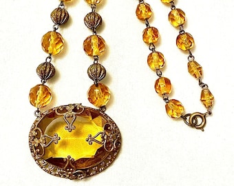 c1920s Czech Topaz-Glass Pendant Necklace