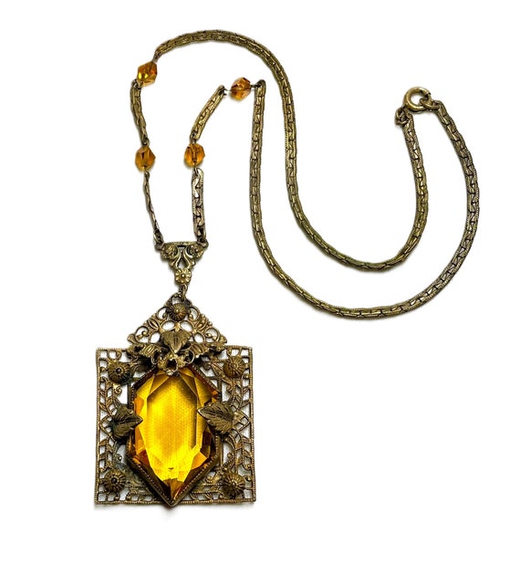 c1920s Czech Topaz Glass Pendant Necklace - image 2
