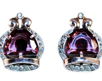 c1940s Sterling & Purple Faceted Glass Crown Earrings