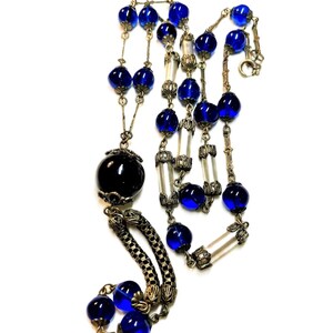 1920s Art Deco Long Cobalt Blue Glass Bead Necklace
